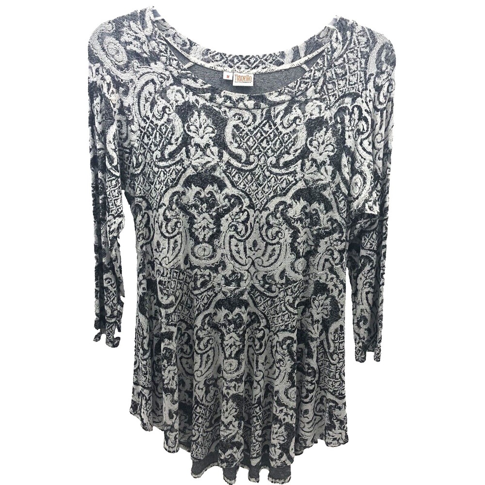 Tianello Womens Top M Black White V Shaped Hem Line Ruffled hem